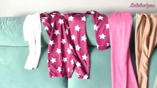 Glamorous woman tries on lots of raiment and has sex in 'em
