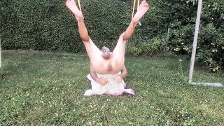 servenaked in peniscage fastened up got outdoor enema and proove with brush and dildo homosexual ass clean for gaysex