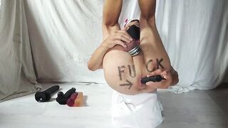 servenaked in peniscage tied up at his feet alone in his chamber playing with the dildos in homosexual booty, at least 2 same time