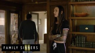 FAMILY SINNERS - Inked Brunette Gets Horny Whilst Her Boyfriend Is Away And Takes His Father's Rod Instead