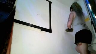 SFW Time lapse movie scene painting my web camera wall in bra & Booty shorts acrylic silicone pour paint pt.1
