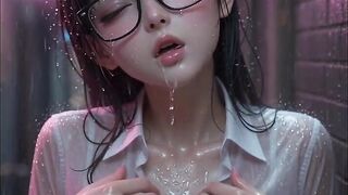 Cute Asian 3d anime gal waves you to her in the alley in the rain