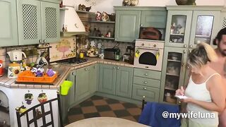 Handsome man is banging a married, blonde housewife in exchange for a fresh, homemade lunch