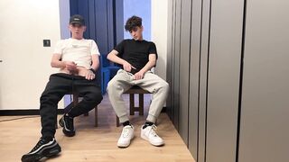 two lads jerking off uncut dick and cum