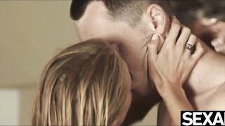 Hot golden-haired sucks husband's cock and rides to a wild orgasm