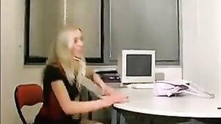 French golden-haired anal screwed in 3-some at office