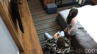 The dude with hot brunette in the hotel,