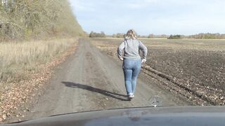 Pissing on the road in front of the car taking off panties older BBW milf with a shaggy cunt