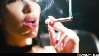 French Brunette with Massive Fake Tits Masturbates While Smokin' Cigarette and Talking Ribald