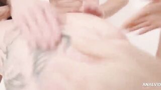 Office wench secretary kneels by the desk for triple anal tease, double anal toys, anal crave, belly drops, squirting pleasure and warm cum on her blouse