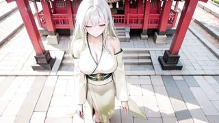 Silver-haired Shrine Maiden Secrets! Languidly Reclining in a Red Corridor, Her Stripped Shoulders and Lush Thighs Bare