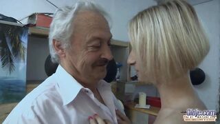 Older man screws teen’s golden-haired cunt and cums in her mouth