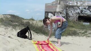 Cute 18 Years Brunette Shows Bushy Snatch at Beach