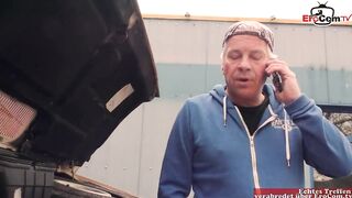 Young trainee with perfect melons fucks two old lads in a threesome in the car