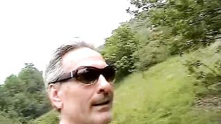 Italian brunette gets fucked by two studs in the woods