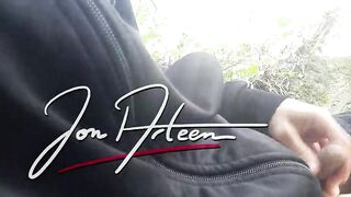 Homo boy Jon Arteen, wearing adidas tracksuit Campus sneakers, gets a hard-on outdoors, jerks off, squirts big cumshots in advance of cleaning up