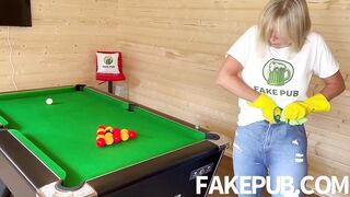 Hairy muff milf screws her sex-toy in the fake pub