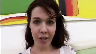 Cameraman films lustful brunette sucking his tool and get jizzed