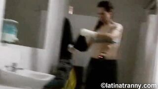 Nikki Montero transgender pornstar ladies room pissing on the toilet and being silly