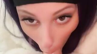 POV Amateur Oral pleasure-sex – Purple Hair Wife in Fluffy Coat Sucks Big Rod with Eye Contact