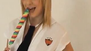 Busty Blonde Honey Jessica Likes to Suck Massive Black Sextoy While She Is Rubbing Her Pussy with Another Sex Toy