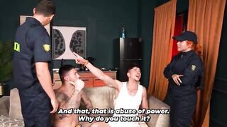 Police officers arrive to restore order in the apartment and end up joining in the fun.