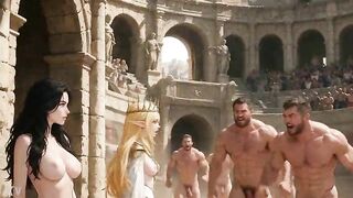 AI Generated Brunette Slave Group-drilled by Muscular Gladiators in Roman Colosseum While Elf Queen Watches