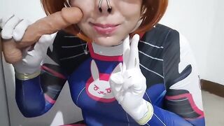 Trans girl with Dva Cosplay and BDSM Nosehook Giving a Oral sex-sex, Eating Cum and Deepthroat to Big Dildo
