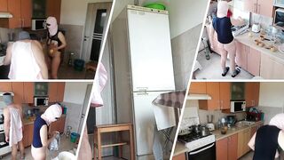 Amateur couple cooks exposed in the kitchen.