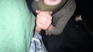 PUBLIC BLOWJOB-JOB TO A STRANGER IN THE CAR: Mask, Cigarette and Cum in Rod-sock