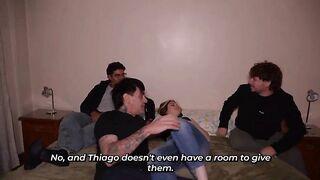 Friends arrive home after a party and end up having a 3-some!