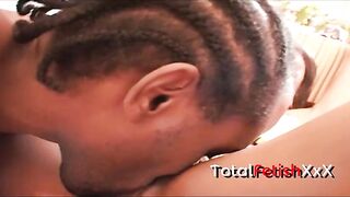 Stunning ebony girl rides passionately on a pink bed in this intense interracial hardcore scene.