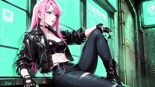 AI-generated- Pink-Haired Leather Tech! Private vibes in a neon-lit cyber corridor.