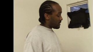 Hot black bitch in yellow lingerie gets her shaved vagina drilled