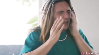 Stepmom Little Puck helps her stepson with his sexual thoughts of her.The big melons milf is tit fucking him.Guy licks her booty while fingering her cunt.