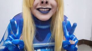 Cute Trans Samus with BDSM Nosehook giving a Sloppy Oral job sex to BBC Sextoy, Deepthroat, Facial Screw and Eating Semen