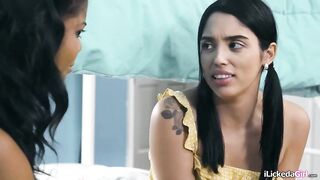 Big tits ebony lesbian fingering her virgin latina roommate