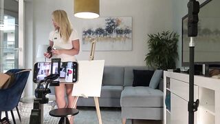 Hawt and slutty golden-haired art teacher wife in white summer dress goes no panties to flash her taut hairless cunt and dark hole
