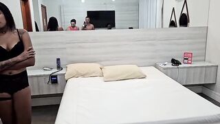 Behind the scenes of the orgy with Jady Martins and Gabyy Peclat, giving anal and vaginal sex to three well-endowed chaps in a motel and getting cum on their faces.