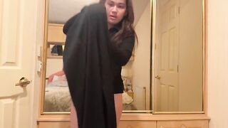 18 year old teen shows us her curly cunt while changing new raiment