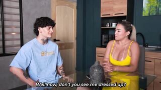 Big-breasted stepmother enjoys her husband's absence to screw her stepson