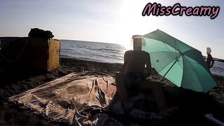 Risky French MILF Squirt then Makes Stranger Cum Extreme Public Cumshot on Crowded Beach