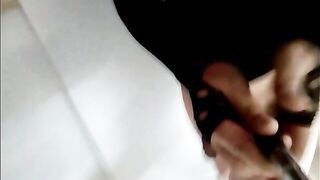 Dom sex with a strap-on. Soaked penis, open dark hole.