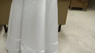 Nice-looking brunette hair, Sofia is wearing a wedding costume and cheating on her spouse with his most good ally