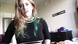 Lustful golden-haired with big, natural boobs is having sex with her step- brother, during the quarantine