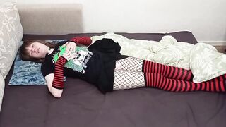 Playing with my hypersensitive teats and wanking to orgasm on the bed