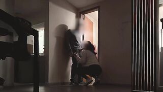 Coworkers Use Empty Office on Holiday – Standing Screw by the Kitchen Door Ends with Cum on Her Face