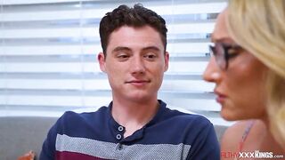 Stepmom Crystal Clark helps her stepson calm his boner by giving oral-sex-sex.Still not enough,this hottie pulls her panties down and lets him bang her bushy pussy