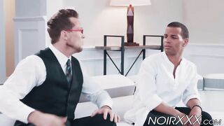 Impressive tall businessman anally screws young hunky black gay