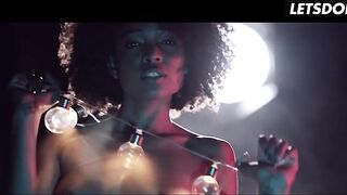 Ebony Babe Spreads Her Snatch Wide Below Red Neon... Oiled Boobs Glistening